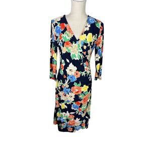Lauren Ralph Lauren Faux Wrap Floral Jersey Knit Knee Length Dress Womens Medium